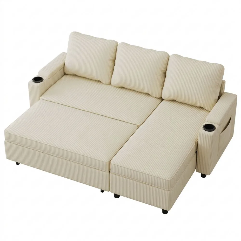 L-Form Schlafsofa mit Bettkasten für Wohnzimmer, Beige