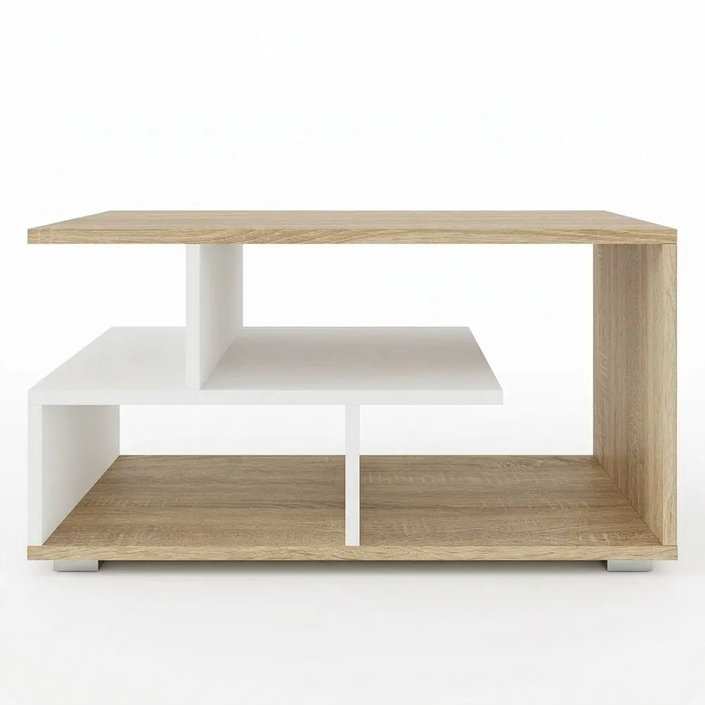 Moderner Wohnzimmertisch mit Stauraum & Ablagefach, 90x50x49 cm, Eiche/Weiß
