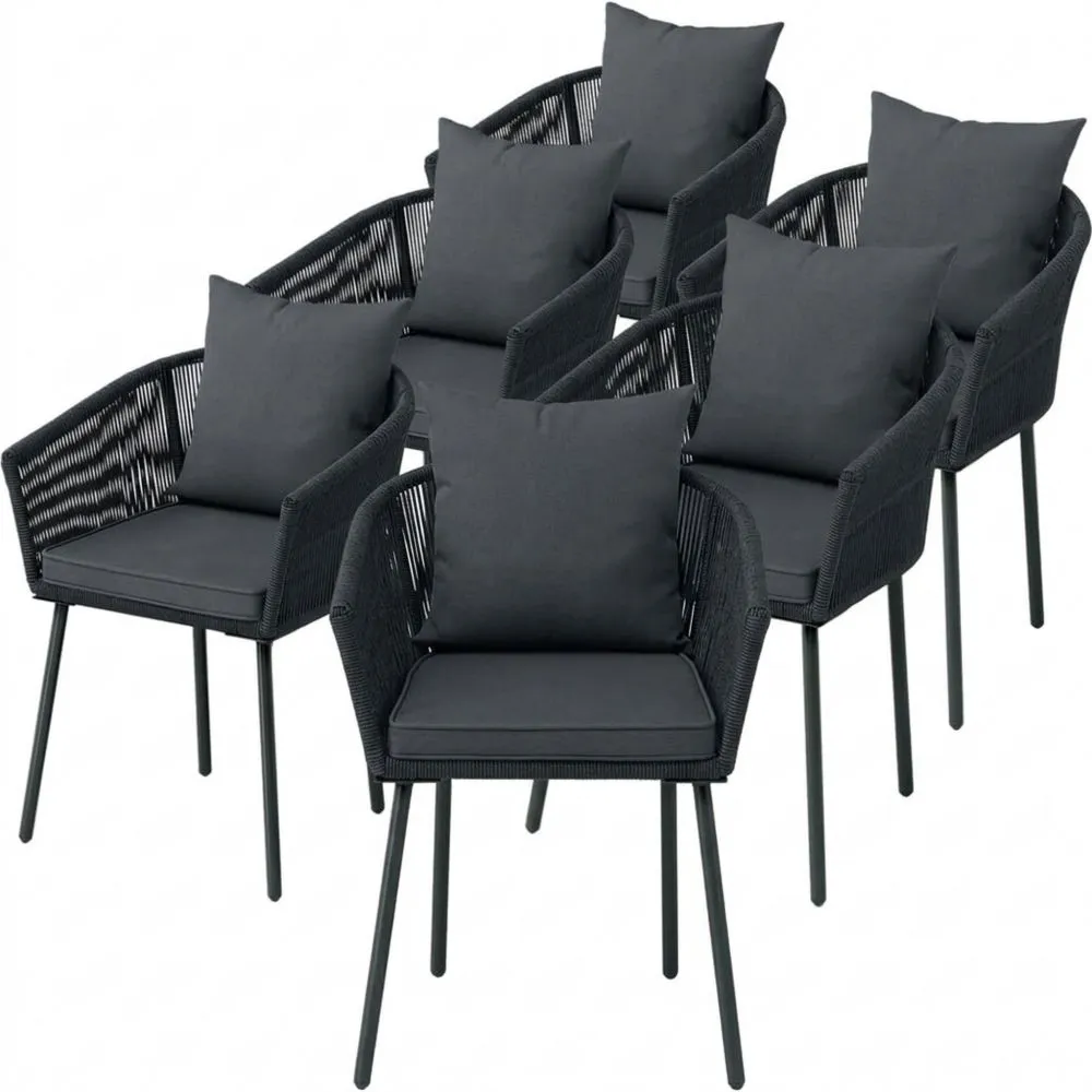 6er Set Gartenstühle aus Rattan in Dunkelgrau – Wetterfeste Loungesessel für Terrasse, Garten und Balkon – Schalenstuhl mit Kissen bis 160 kg