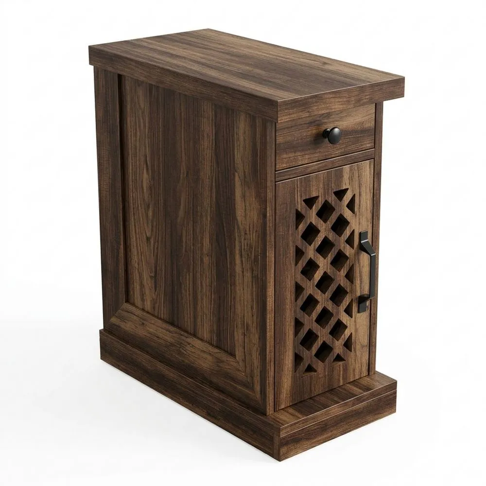 Schmaler rustikaler Holztisch mit Stauraum für Wohnzimmer oder Schlafzimmer