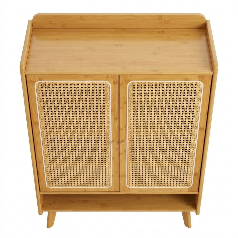 Moderner Holzschuhschrank mit Korbgeflecht und 5 Ebenen für Flur