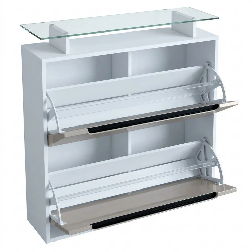 Moderner Schuhschrank mit Klappen und Schublade, Weiß und Sandgrau