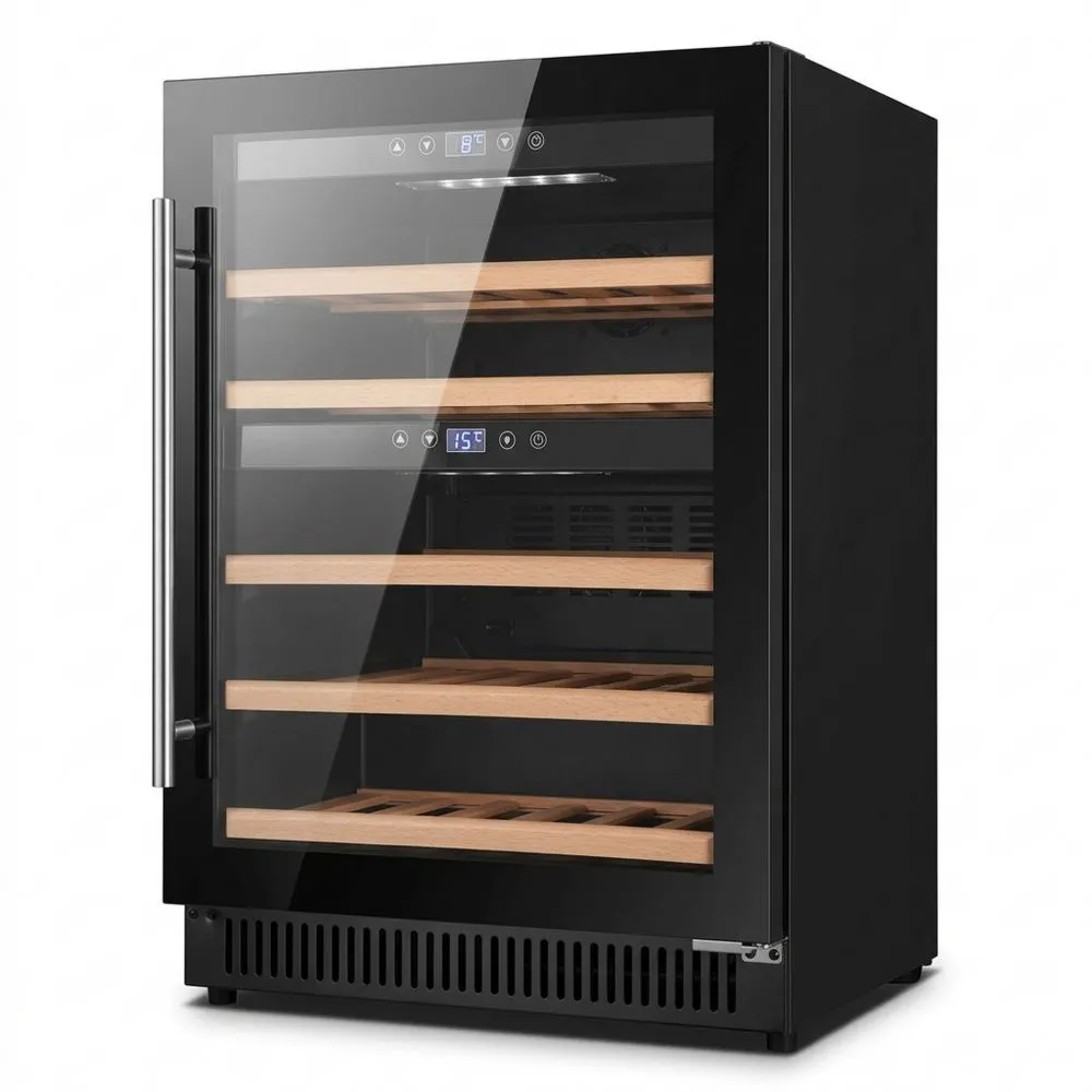 Geräuscharmer Weinkühler für 28 Flaschen, Glastür & Buchenholzregale