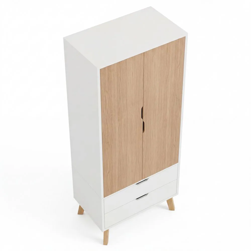 Moderner Kleiderschrank mit Schubladen und Stauraum, Weiß-Holzoptik, 198x76x50 cm