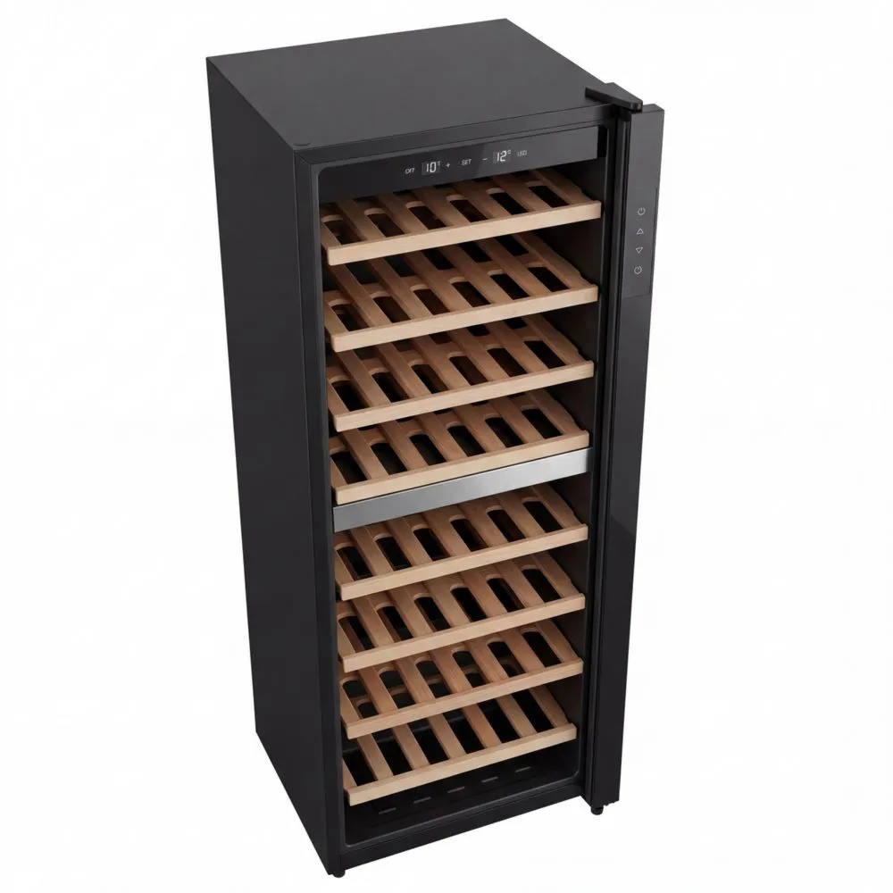 Weinkühlschrank mit Dualzone für 71 Flaschen, UV-Glastür und Holzablagen