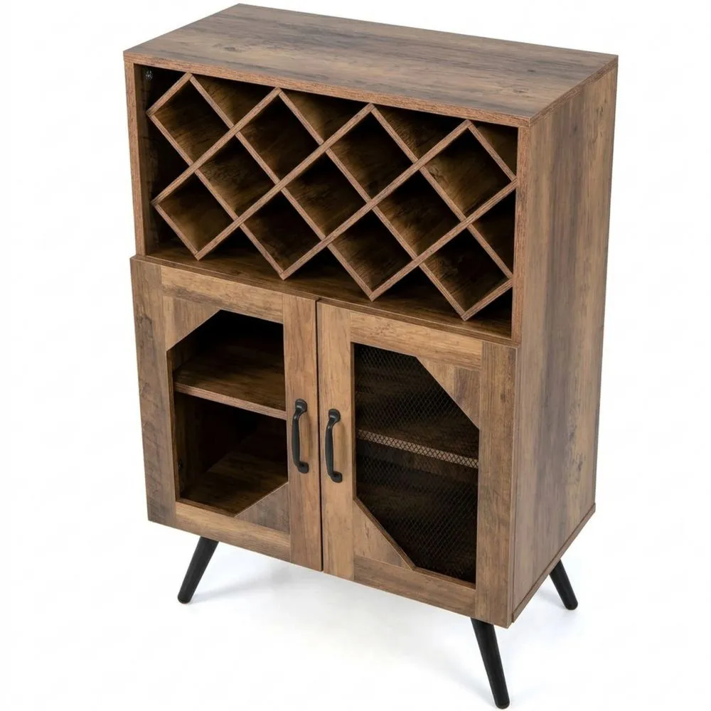 Rustikaler Weinschrank mit Glashalter und abnehmbarem Regal für 11 Flaschen, Bodenschrank mit Türen