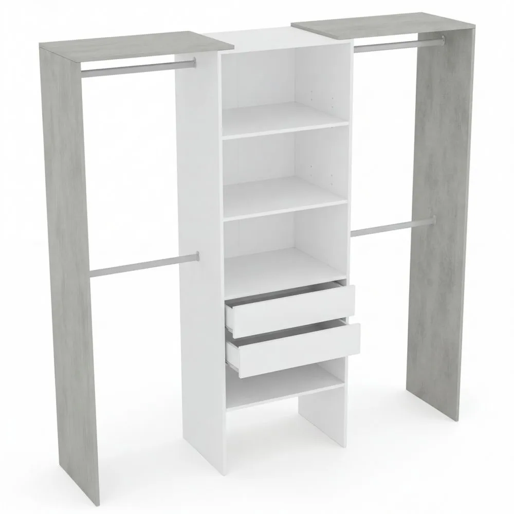 Offener Kleiderschrank mit Schubladen und Kleiderstangen, modernes Garderobensystem in Weiß und Grau, 179 x 202 x 50 cm