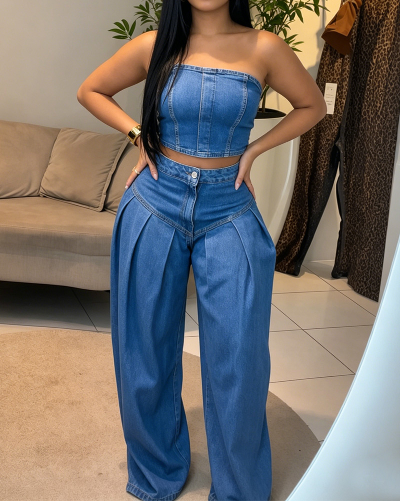 Women's Spring and Summer Strapless Denim Top and Jeans Two-Piece Set