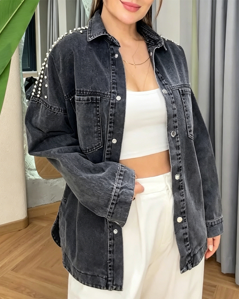 Women's Spring and Summer Comfortable Beadwork Pentagram Denim Shirt