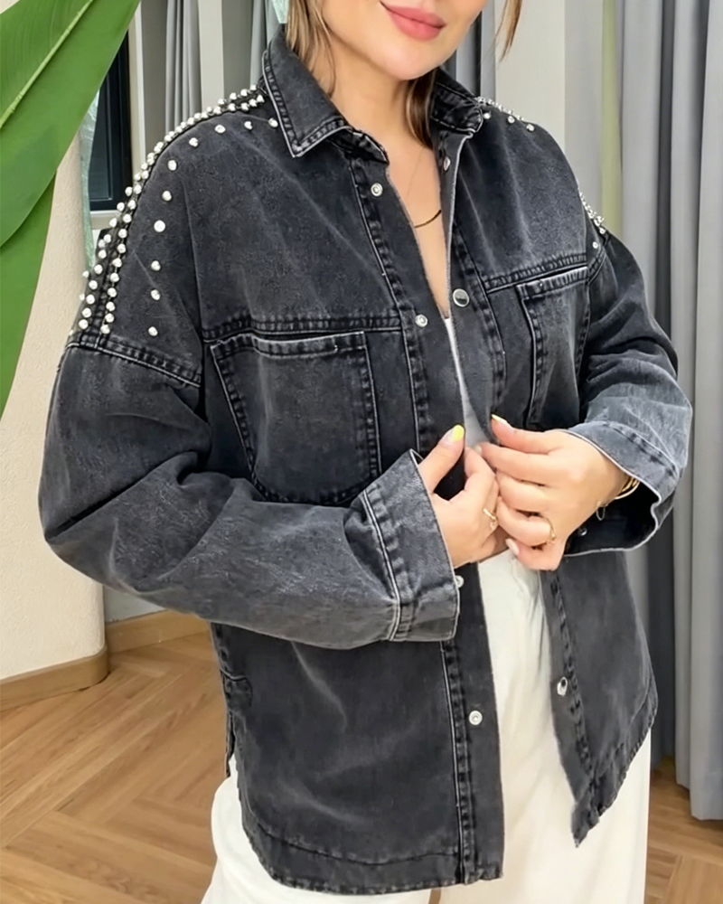 Women's Spring and Summer Comfortable Beadwork Pentagram Denim Shirt