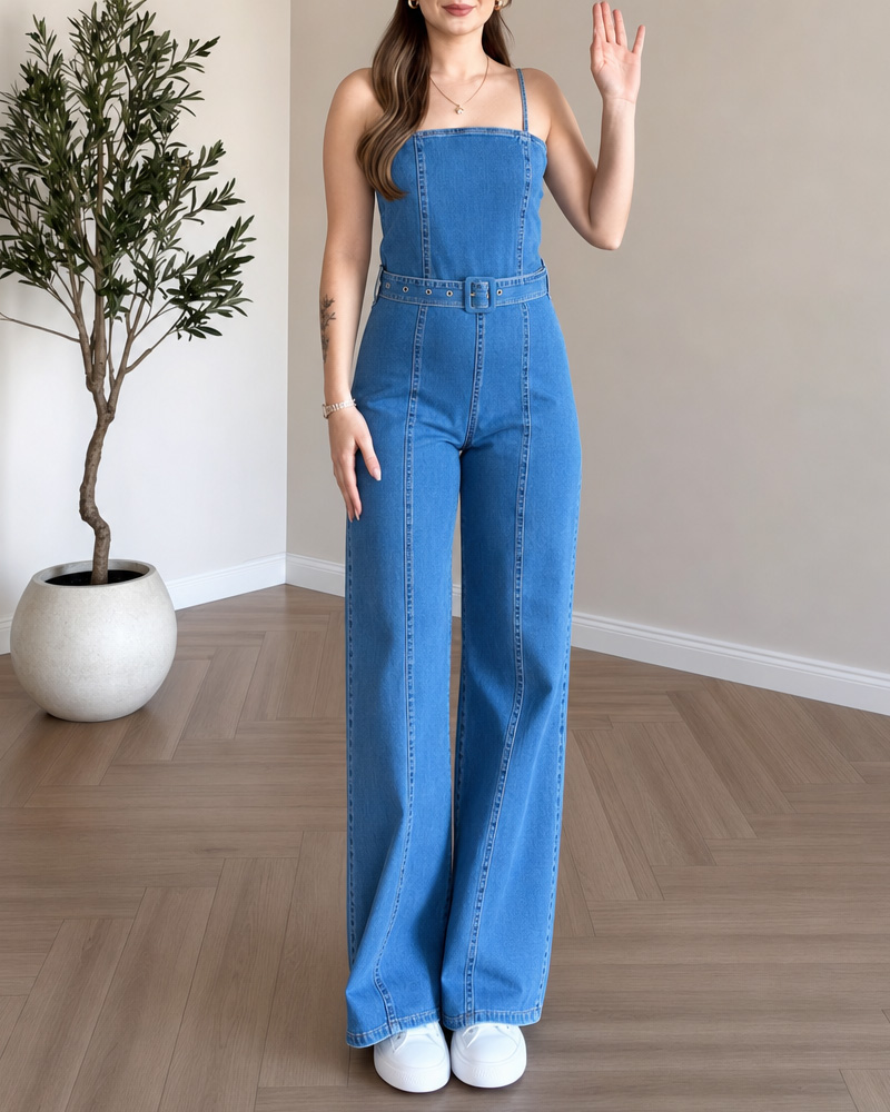 Women's fashionable denim jumpsuit with back zipper design