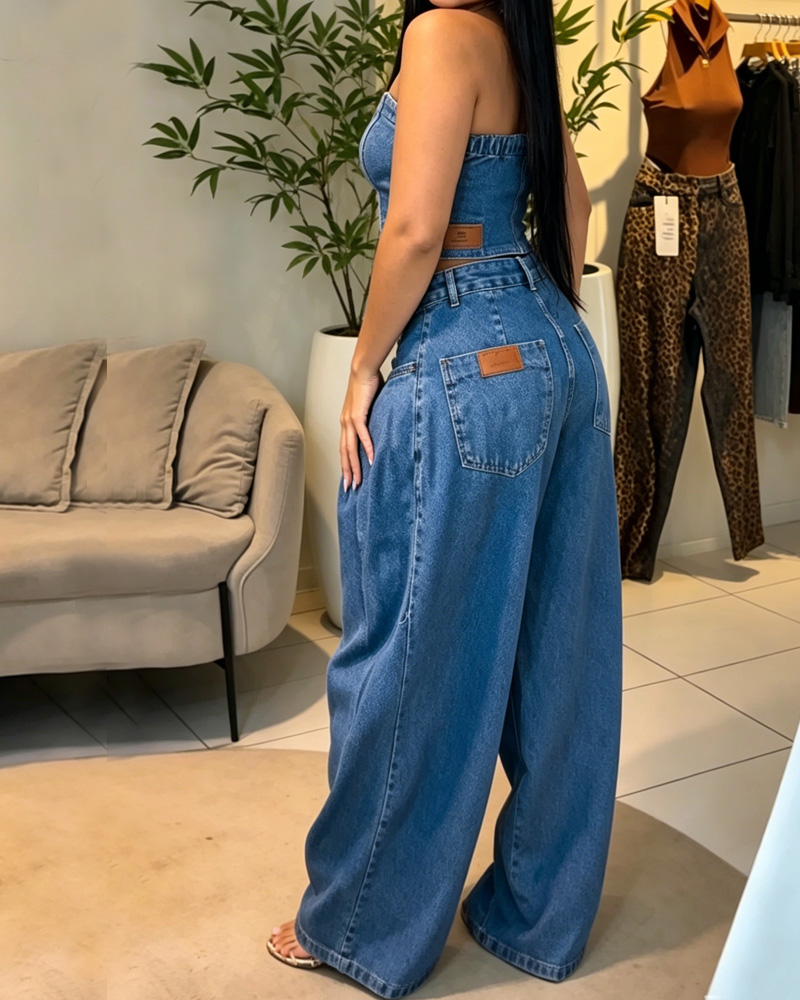 Women's Spring and Summer Strapless Denim Top and Jeans Two-Piece Set