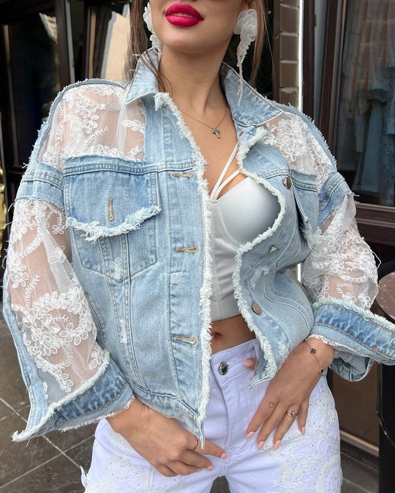 Women's Spring and Summer Comfortable Embroidered Lace Spliced ​​Denim Shirt