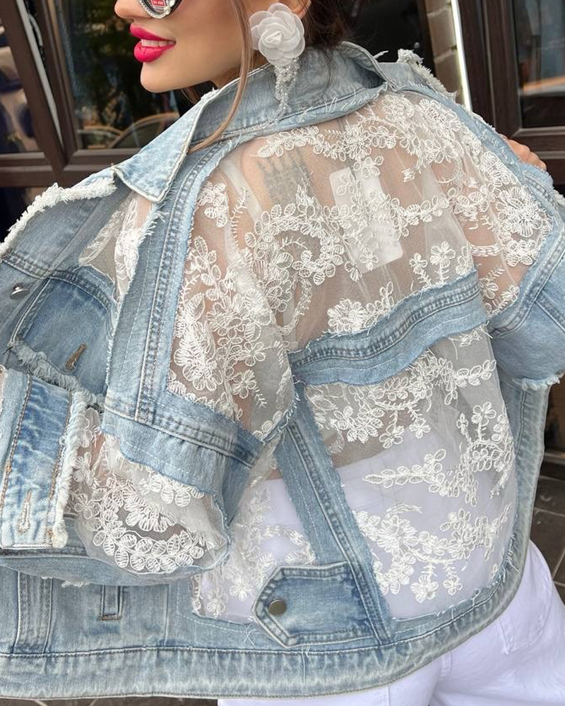 Women's Spring and Summer Comfortable Embroidered Lace Spliced ​​Denim Shirt