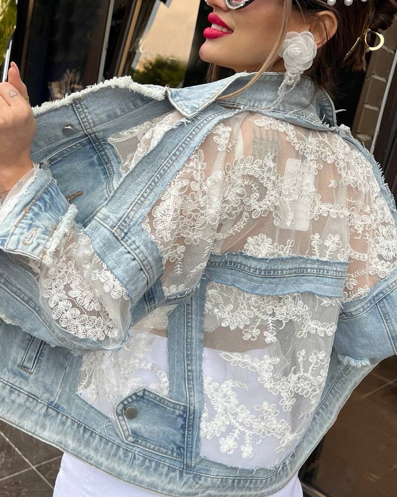 Women's Spring and Summer Comfortable Embroidered Lace Spliced ​​Denim Shirt