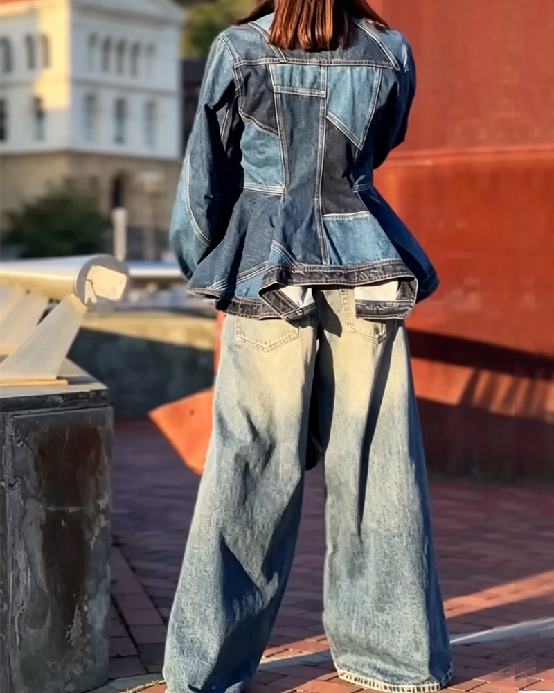 Women's Spring and Summer Comfortable Waist A-Line Ruffle Hem Denim Shirt