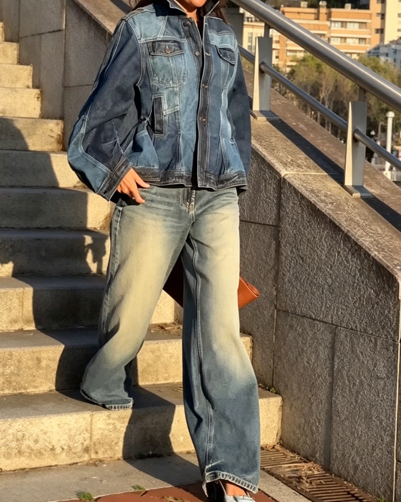 Women's Spring and Summer Comfortable Waist A-Line Ruffle Hem Denim Shirt
