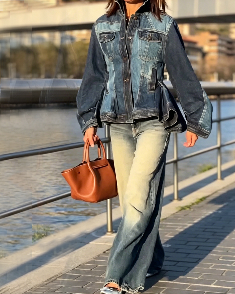 Women's Spring and Summer Comfortable Waist A-Line Ruffle Hem Denim Shirt