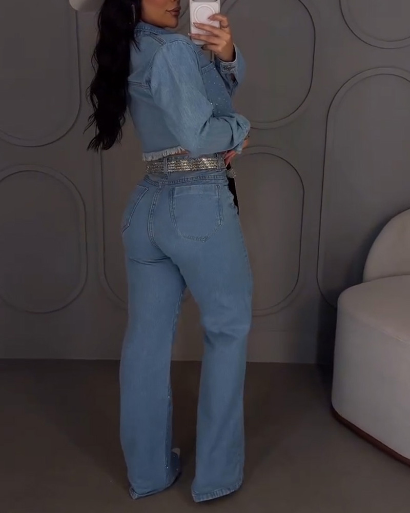 Women's Spring and Summer Rhinestone Top and Jeans Two-Piece Set