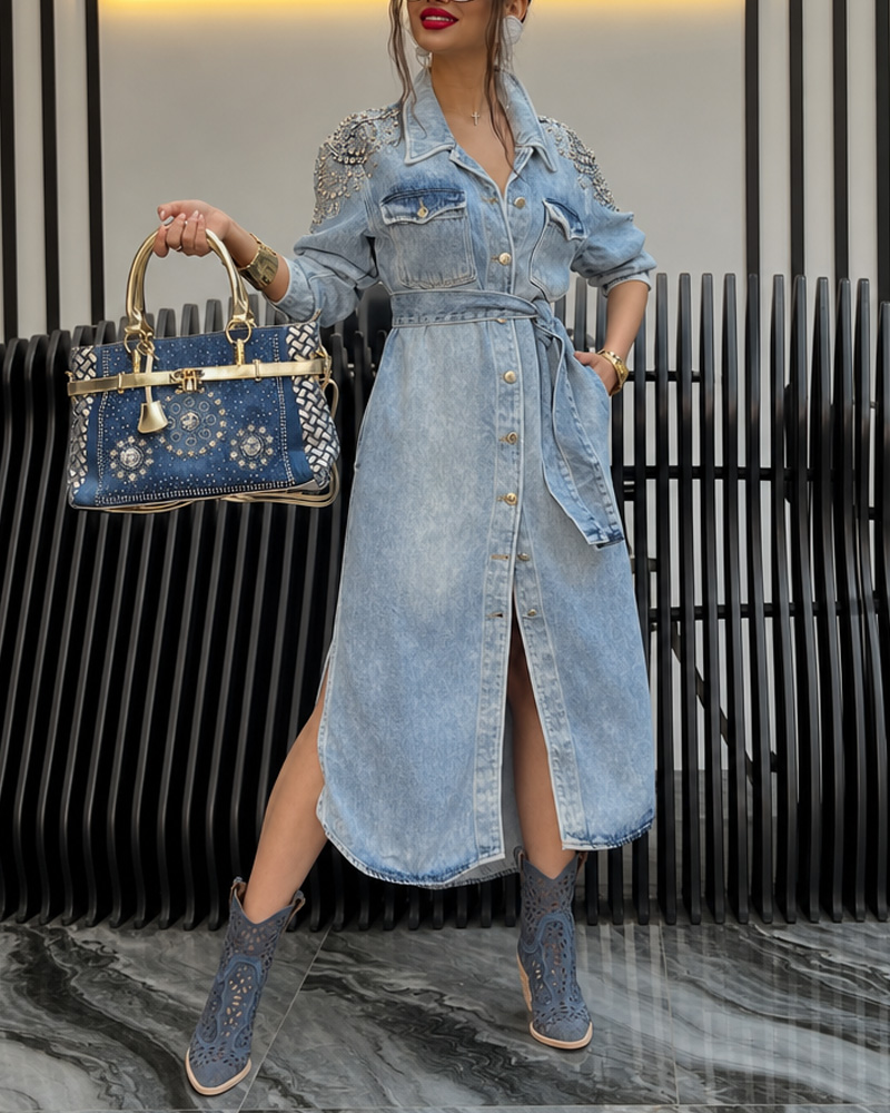 Women's Spring and Summer Beaded Shoulder Washed Denim Slim Waist Dress