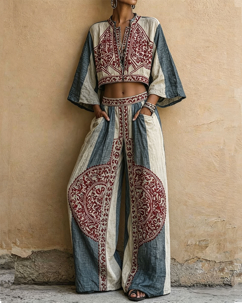 Spring and summer women's retro denim pattern top and pants set