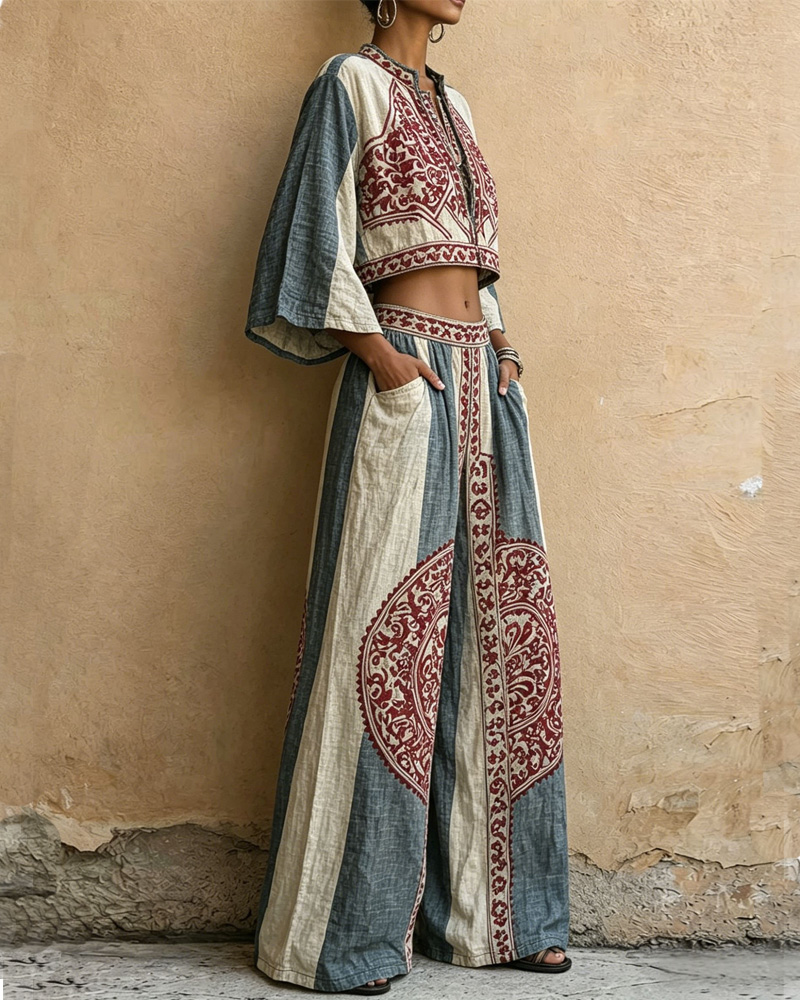 Spring and summer women's retro denim pattern top and pants set