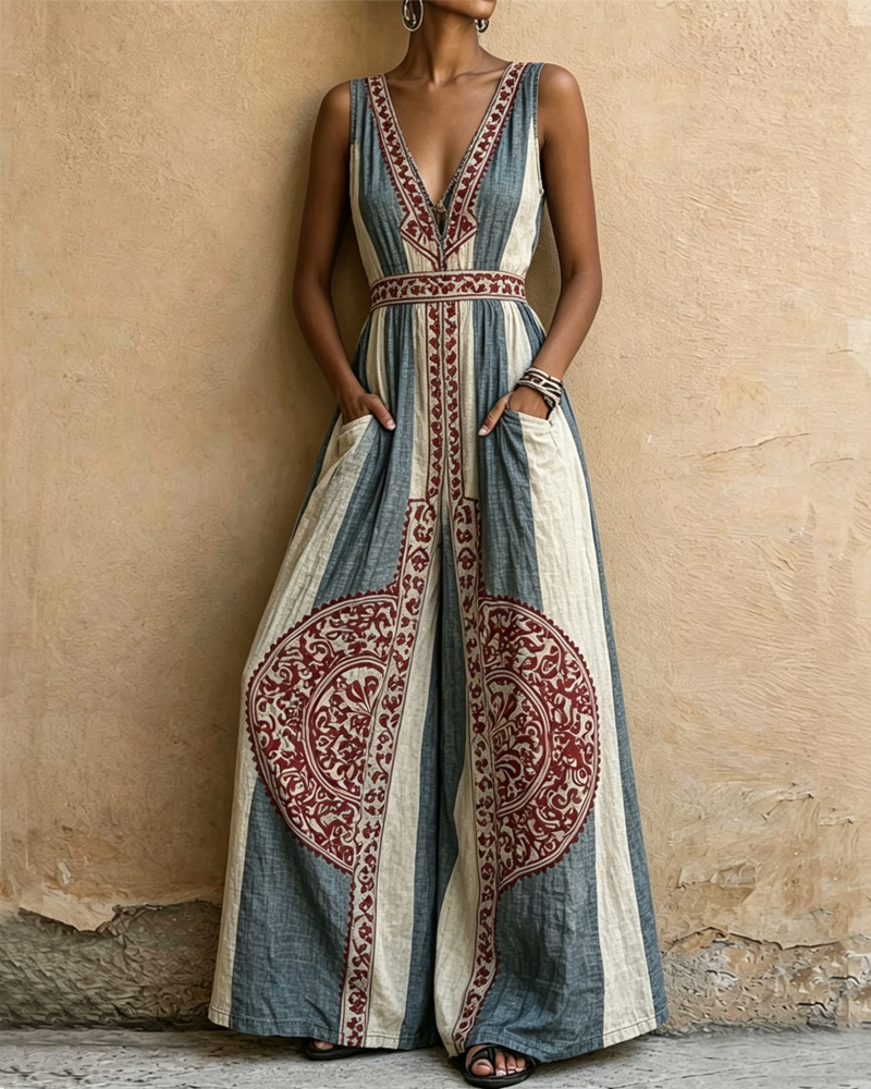 Women's Spring and Summer Comfortable Retro Pattern Denim Jumpsuit