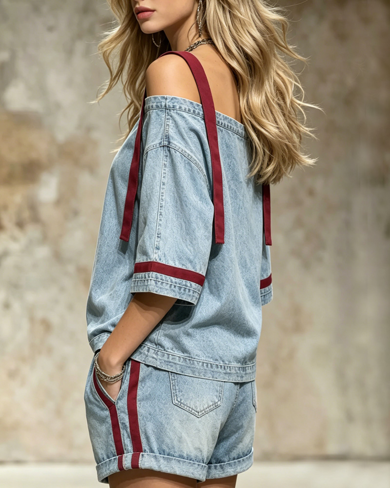 Women's Spring/Summer Fashion Off-Shoulder Denim Top and Color-Blocked Pants Two-Piece Set