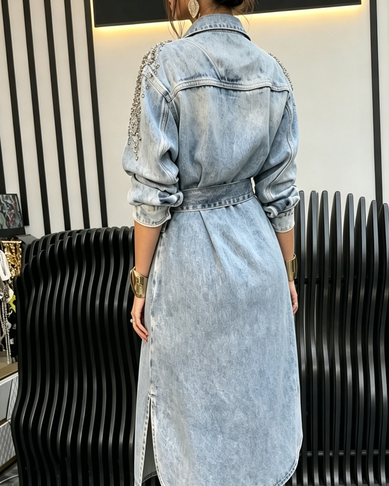Women's Spring and Summer Beaded Shoulder Washed Denim Slim Waist Dress
