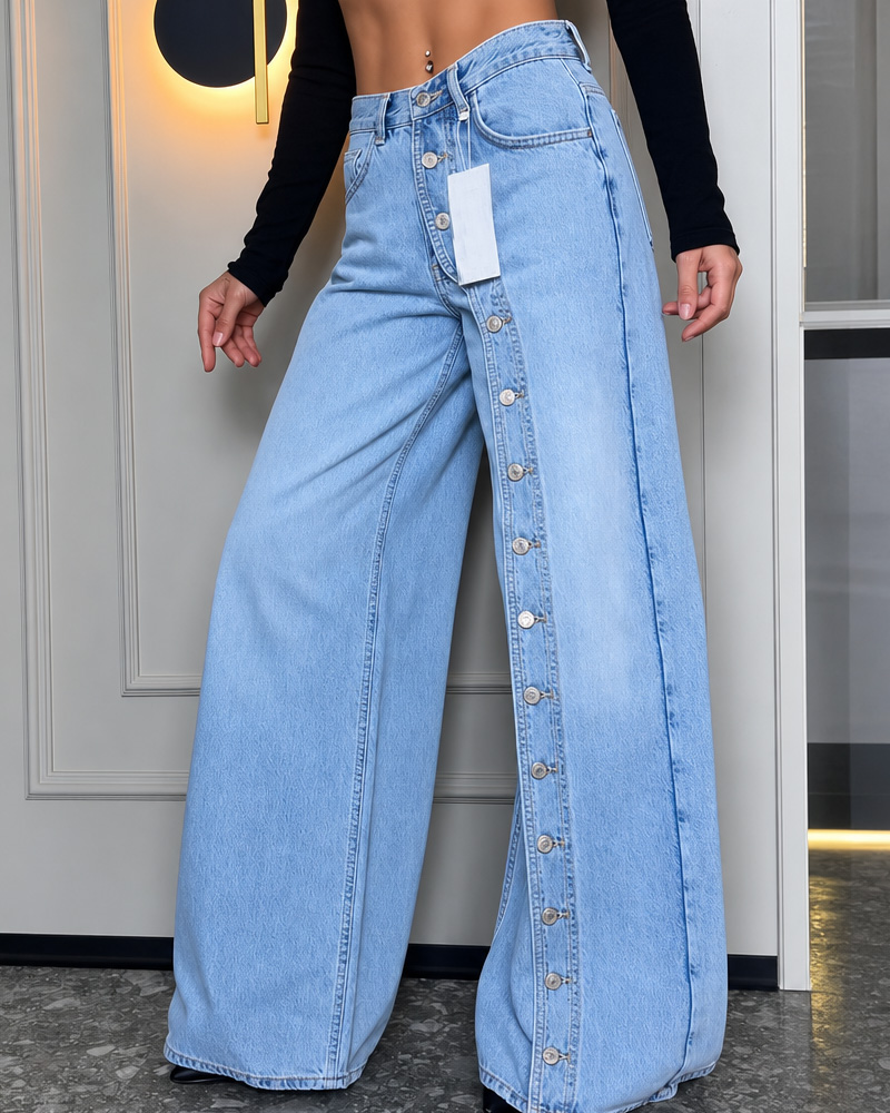 Women's Spring and Summer Jeans with Side Button-Down and Slit Design