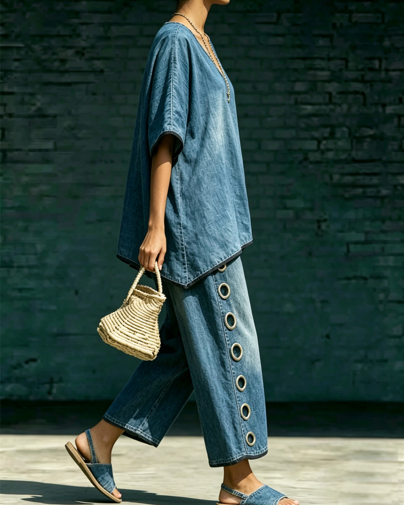 Women's Spring/Summer Comfortable Washed Denim Top and Pants Two-Piece Set