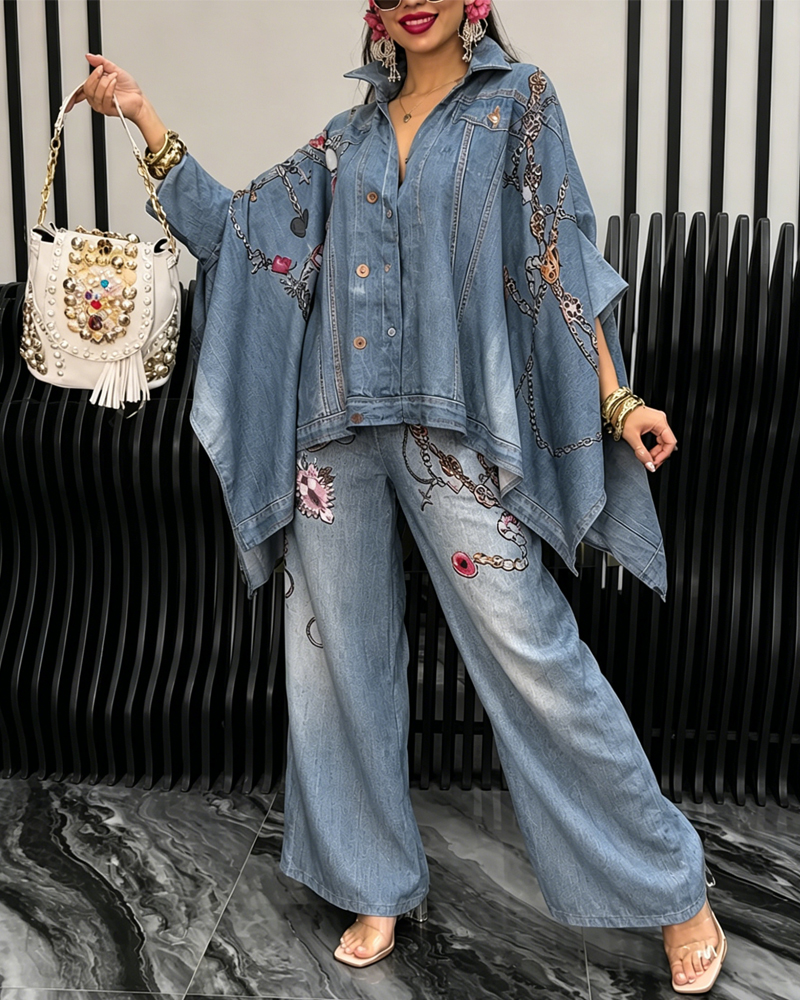 Women's Spring and Summer Comfortable Washed Retro Print Pattern Top and Pants Two-piece Set