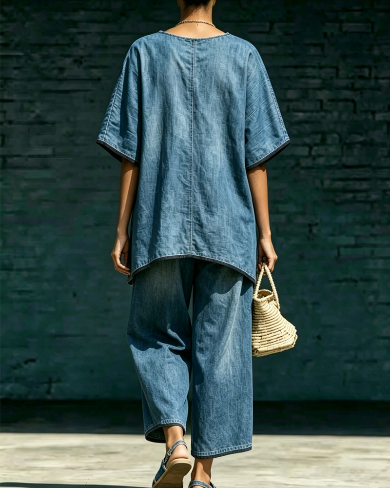 Women's Spring/Summer Comfortable Washed Denim Top and Pants Two-Piece Set