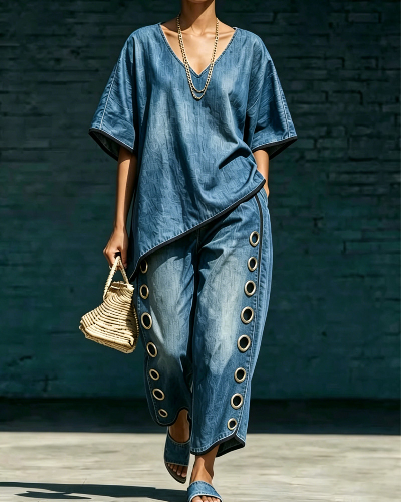Women's Spring/Summer Comfortable Washed Denim Top and Pants Two-Piece Set