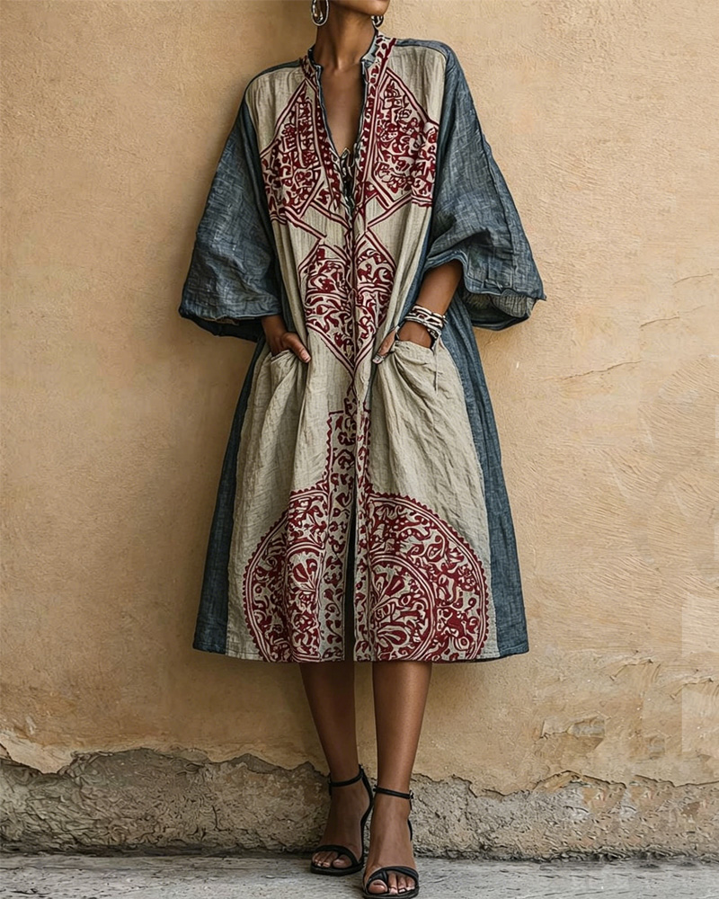 Women's Spring and Summer Comfortable Loose Patterned Retro Denim Dress