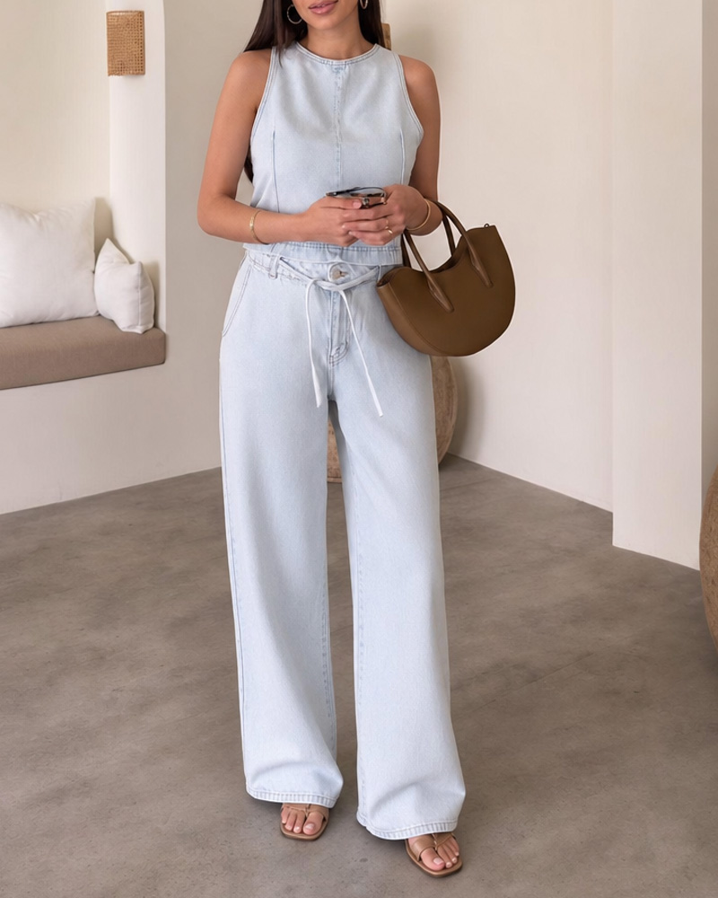 Women's Fashion Sleeveless Denim Top and Wide-Leg Jeans Two-Piece Set