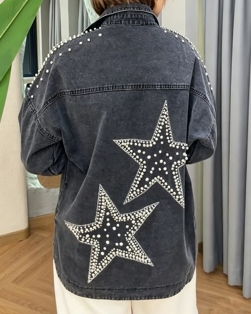 Women's Spring and Summer Comfortable Beadwork Pentagram Denim Shirt