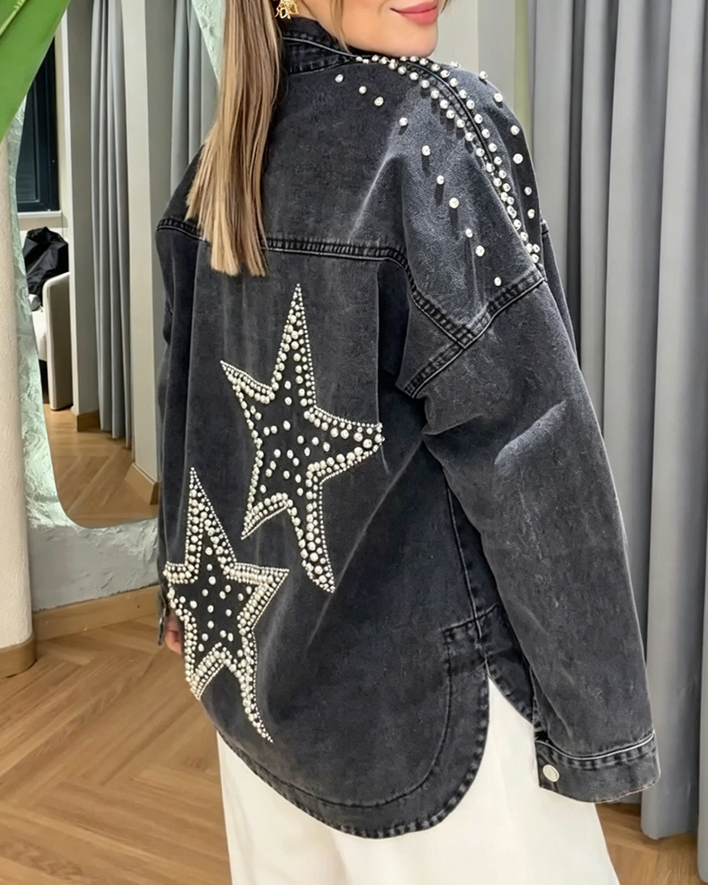 Women's Spring and Summer Comfortable Beadwork Pentagram Denim Shirt
