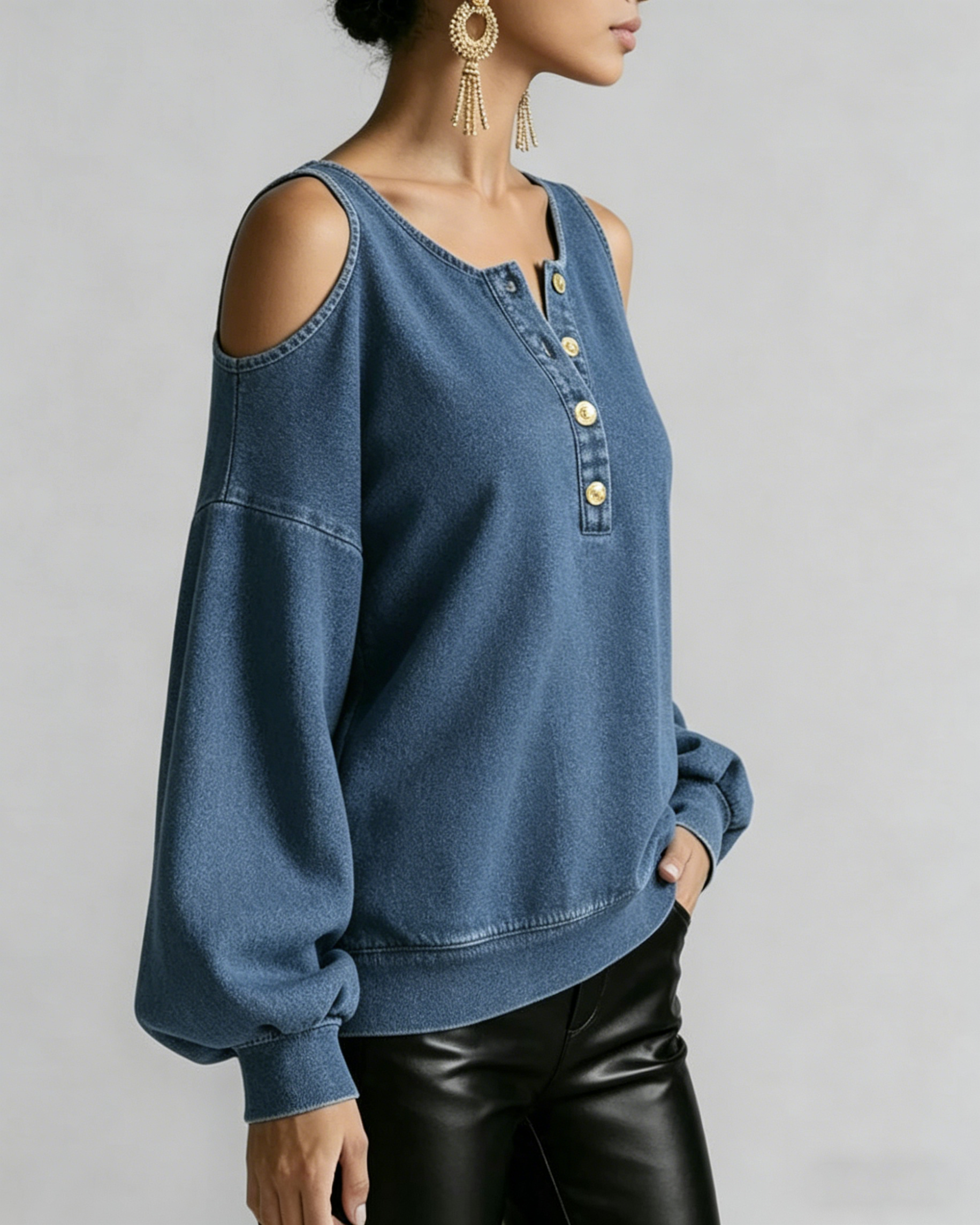 Dark Blue Denim Cold Shoulder Henley Sweatshirt with Gold Buttons