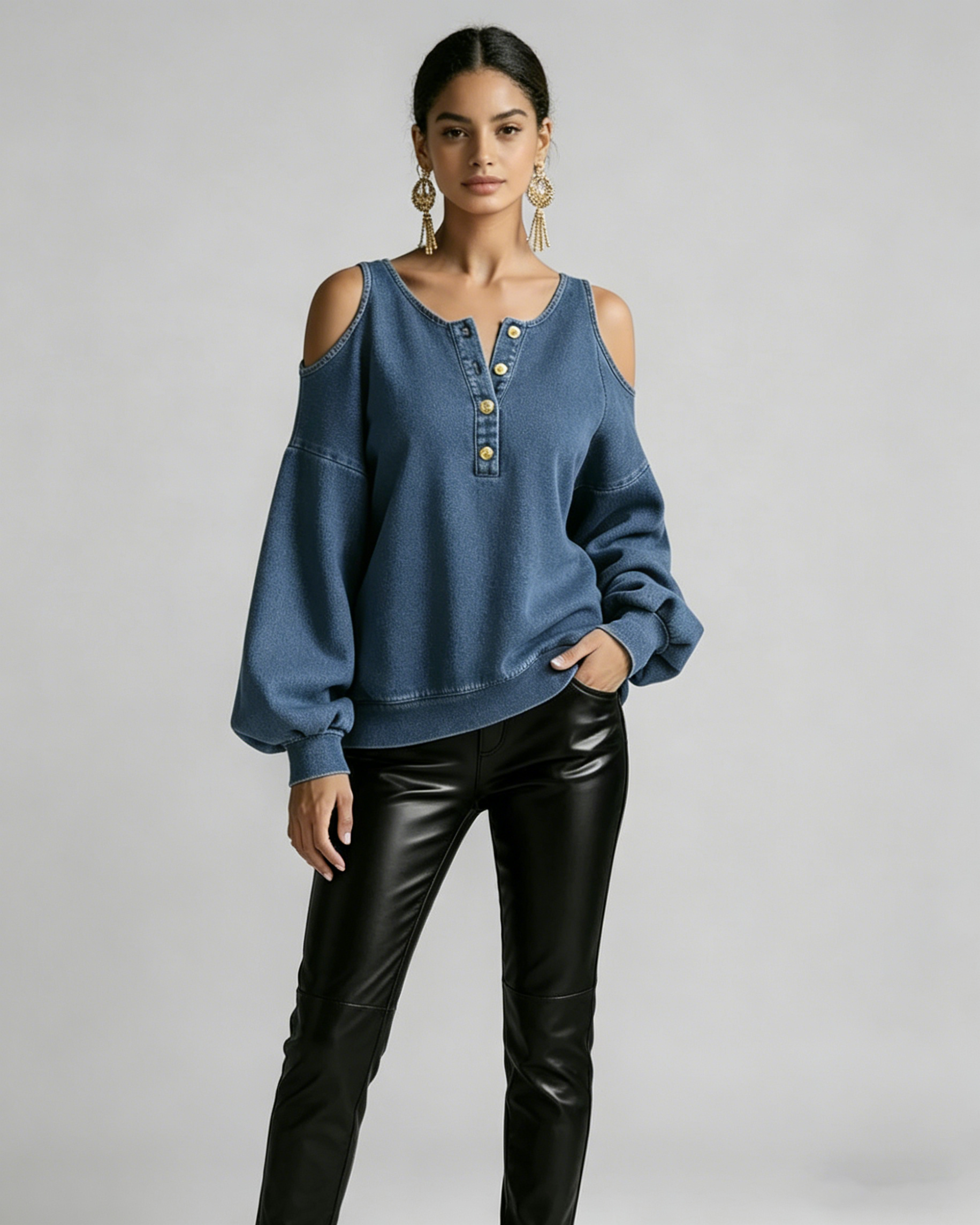 Dark Blue Denim Cold Shoulder Henley Sweatshirt with Gold Buttons