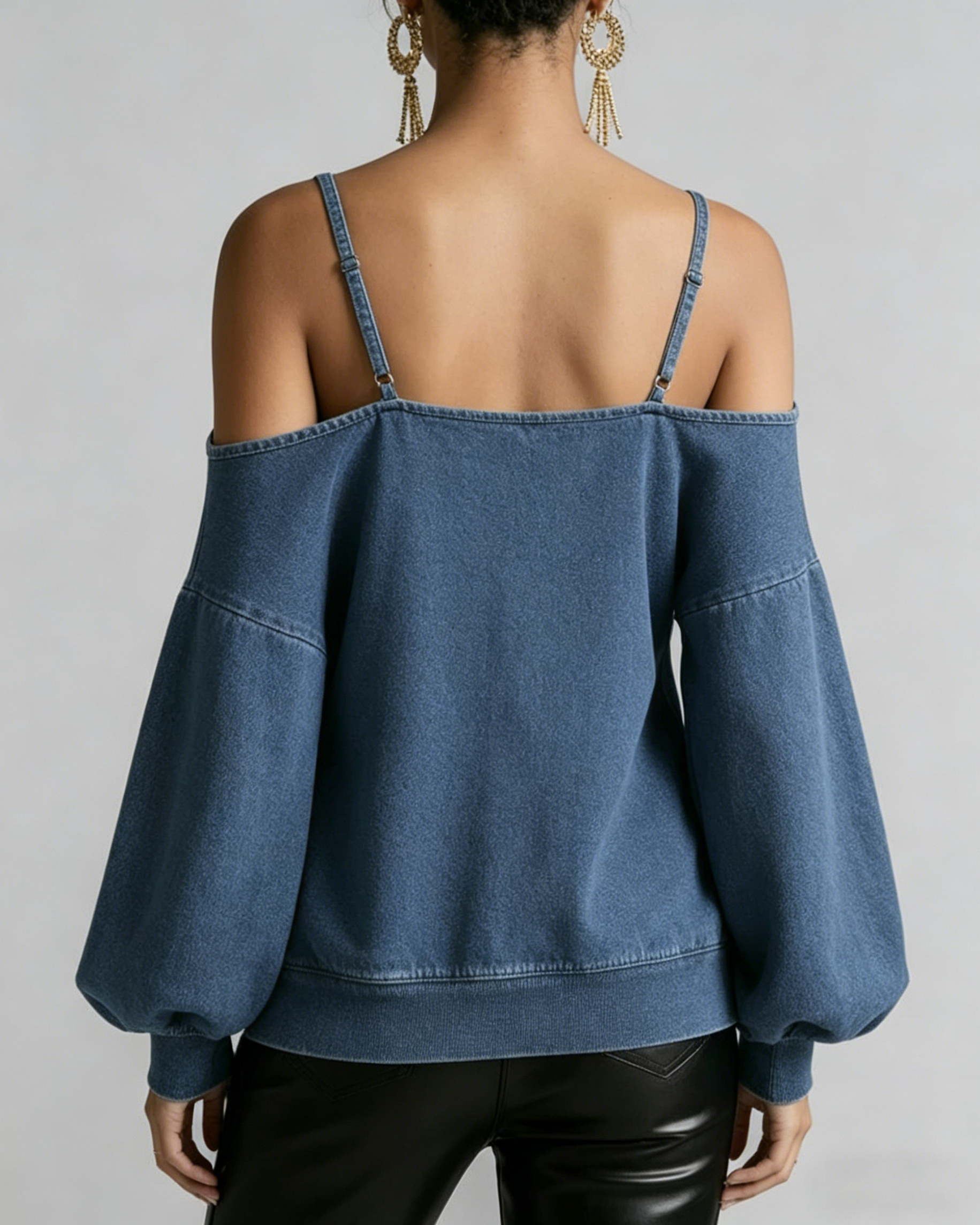 Dark Blue Denim Cold Shoulder Henley Sweatshirt with Gold Buttons