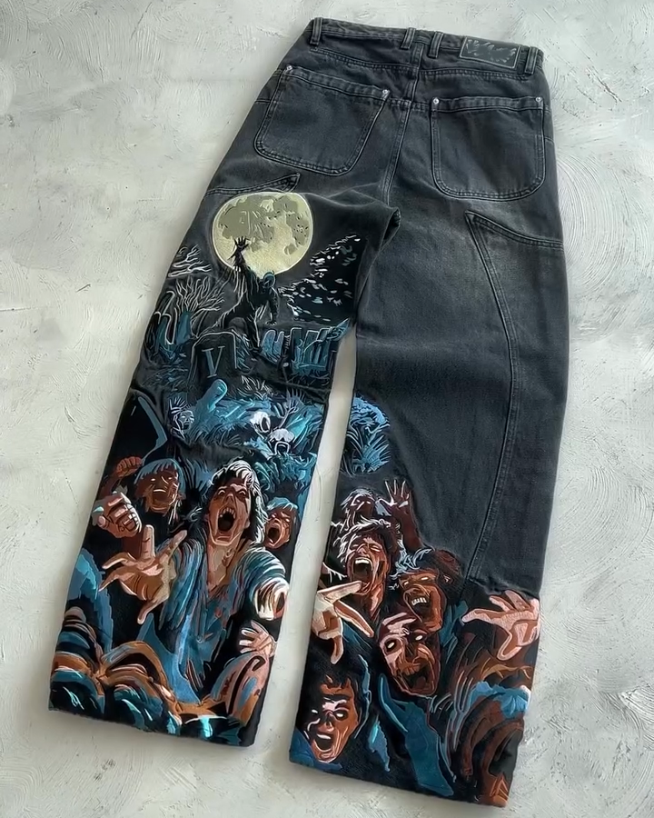 Zombie Graveyard Print Baggy Jeans - Horror Themed Black Wide Leg Denim Pants