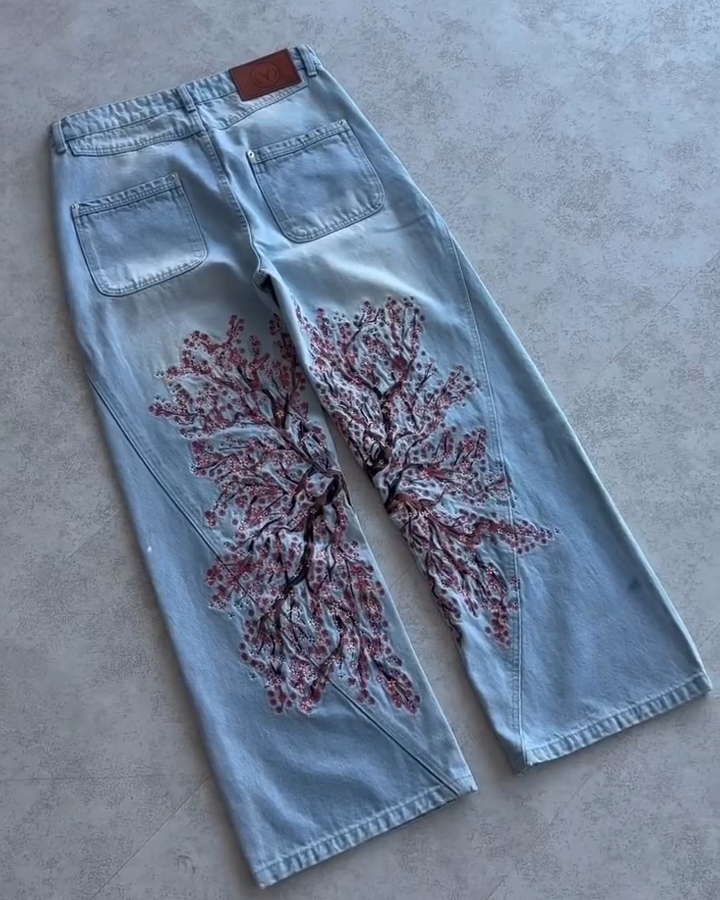 Oversized Light Wash Denim Jeans with Large Cherry Blossom Embroidery - Baggy Streetwear Pants