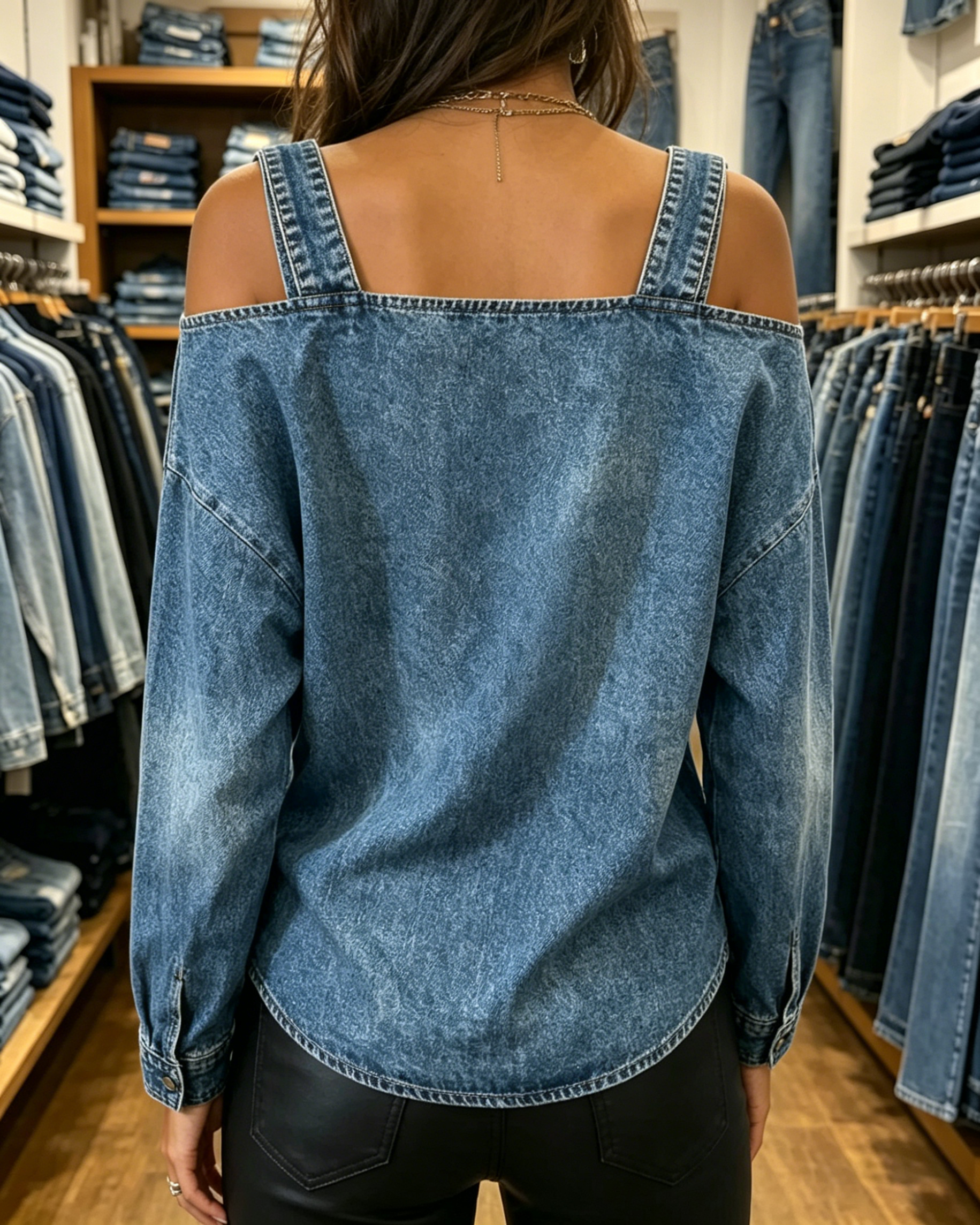 Vintage Wash Blue Denim Cold Shoulder Buckle Strap Blouse