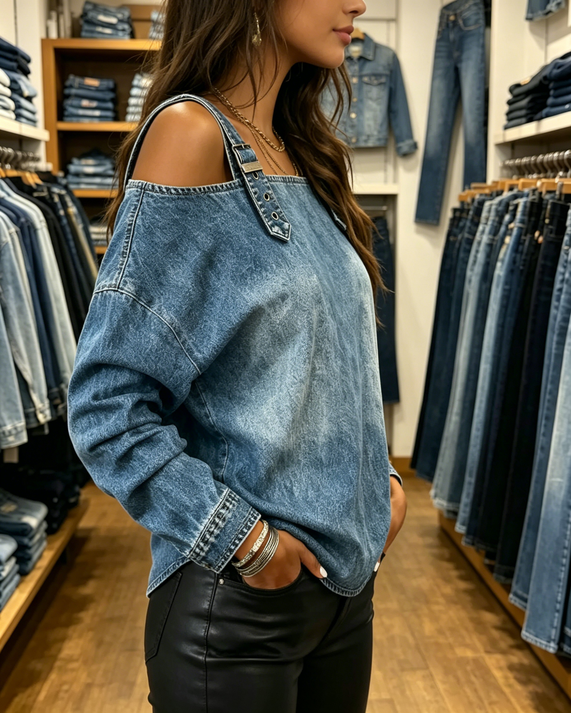 Vintage Wash Blue Denim Cold Shoulder Buckle Strap Blouse