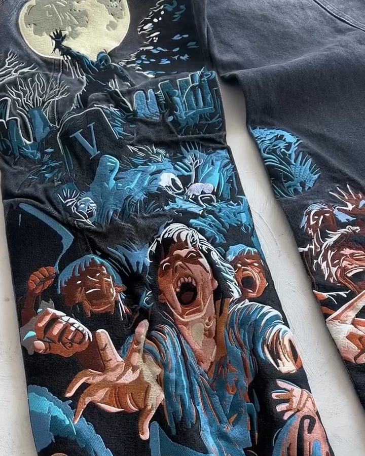Zombie Graveyard Print Baggy Jeans - Horror Themed Black Wide Leg Denim Pants