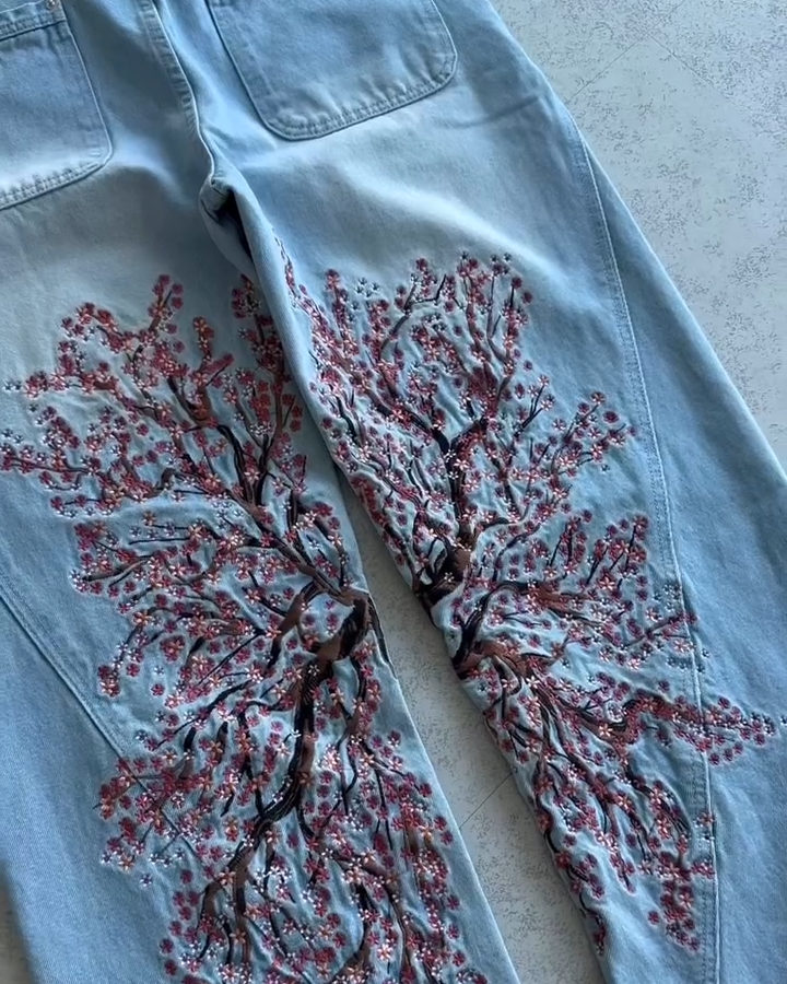 Oversized Light Wash Denim Jeans with Large Cherry Blossom Embroidery - Baggy Streetwear Pants
