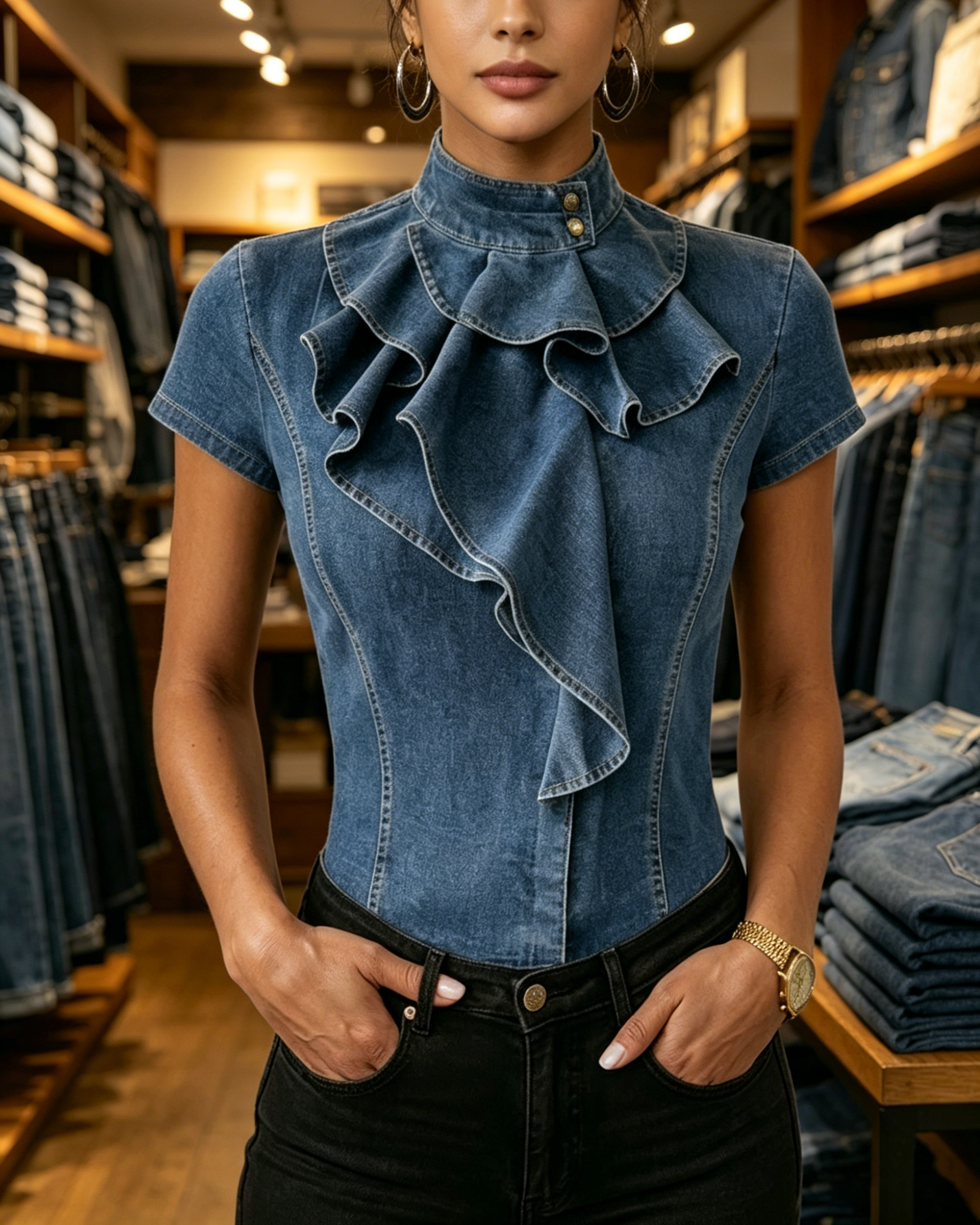 Dark Blue Denim Ruffle High Neck Fitted Short Sleeve Top