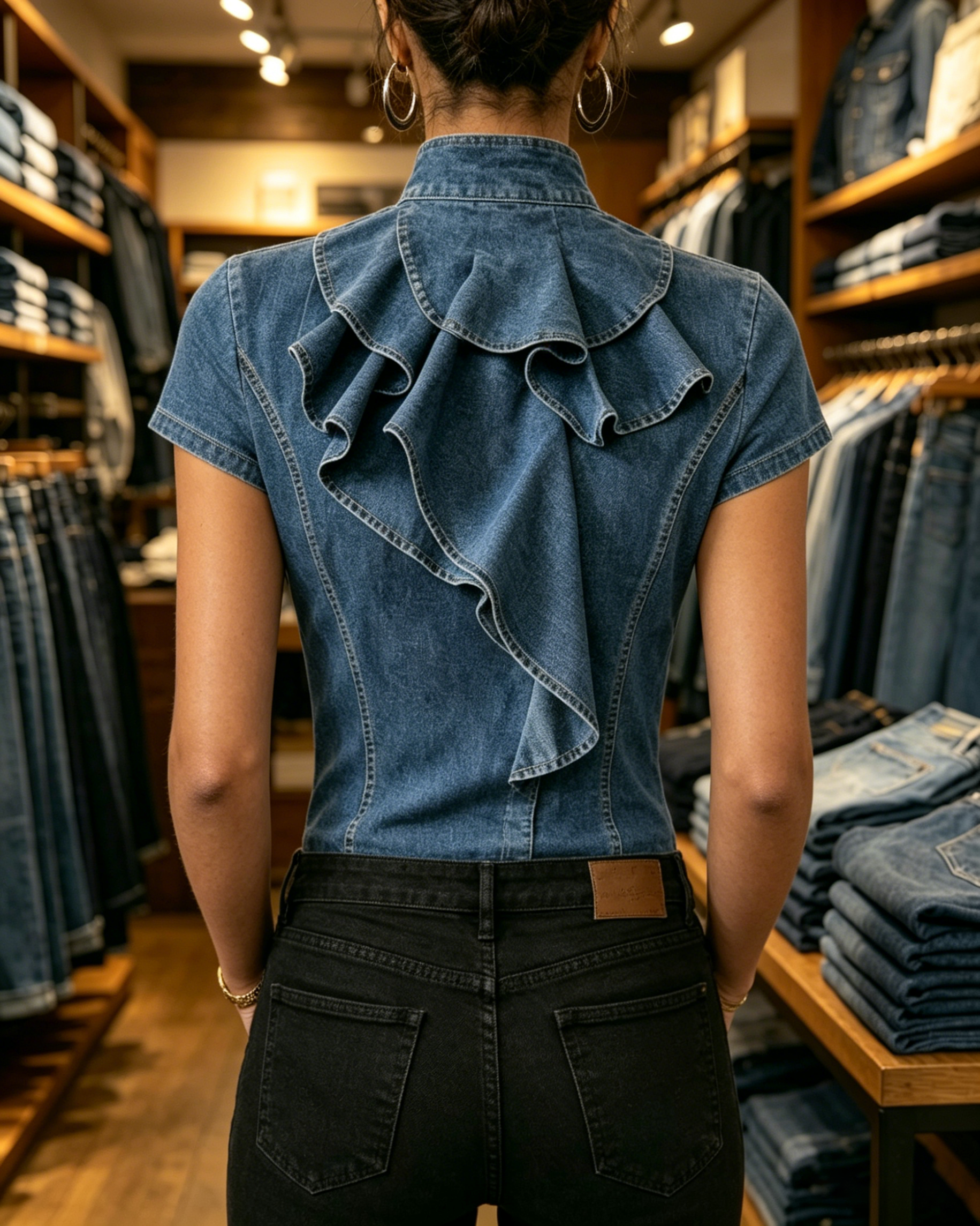 Dark Blue Denim Ruffle High Neck Fitted Short Sleeve Top