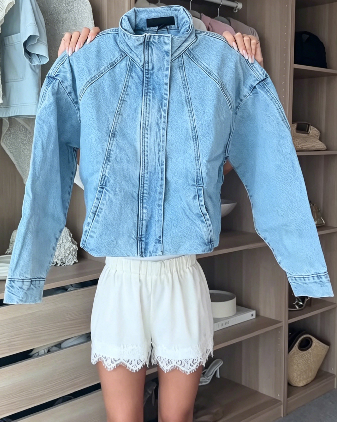 Stand Collar Light Wash Denim Jacket